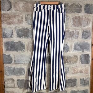 Reverof Women Large Blue White‎ Stripe Flare Bell Bottom Jeans Frayed Hem Retro